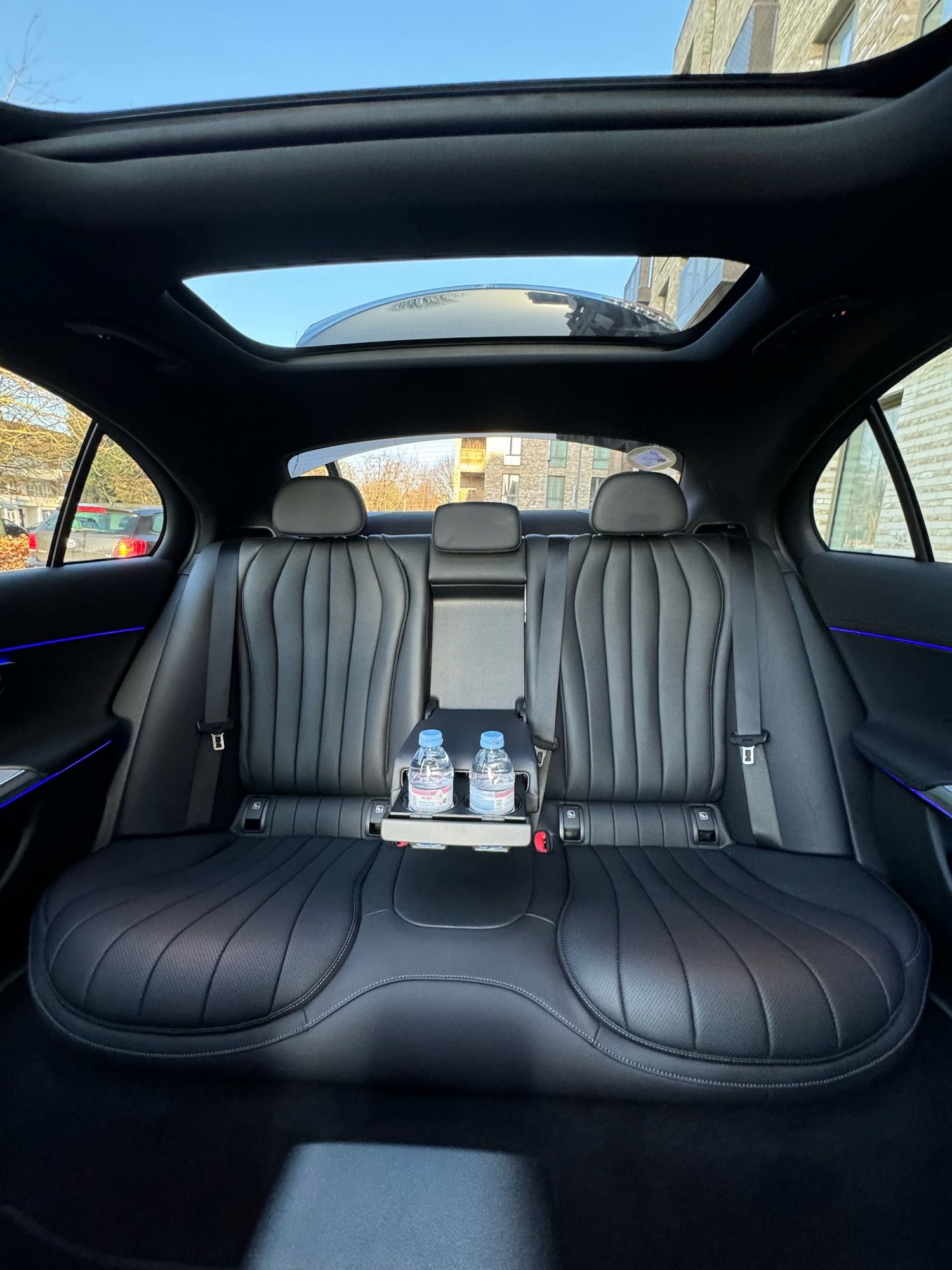 Black leather rear cabin and panoramic roof of the Halcolux Mercedes-Benz E-Class