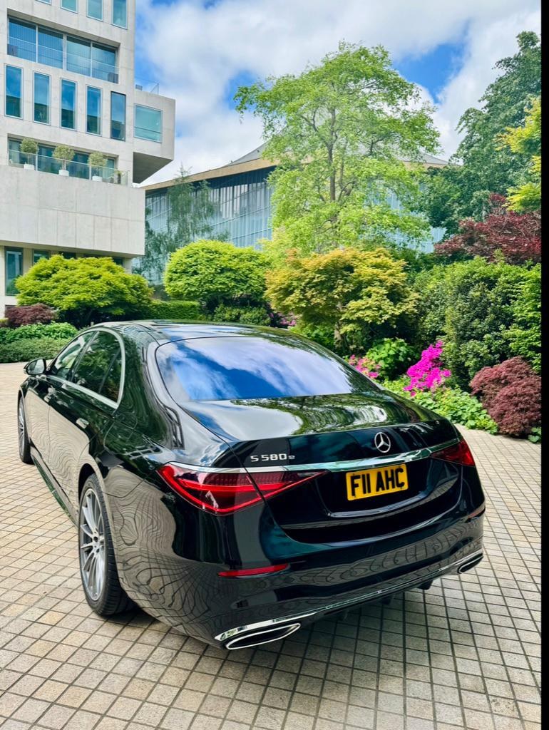Rear view of a black Halcolux Mercedes-Benz S-Class