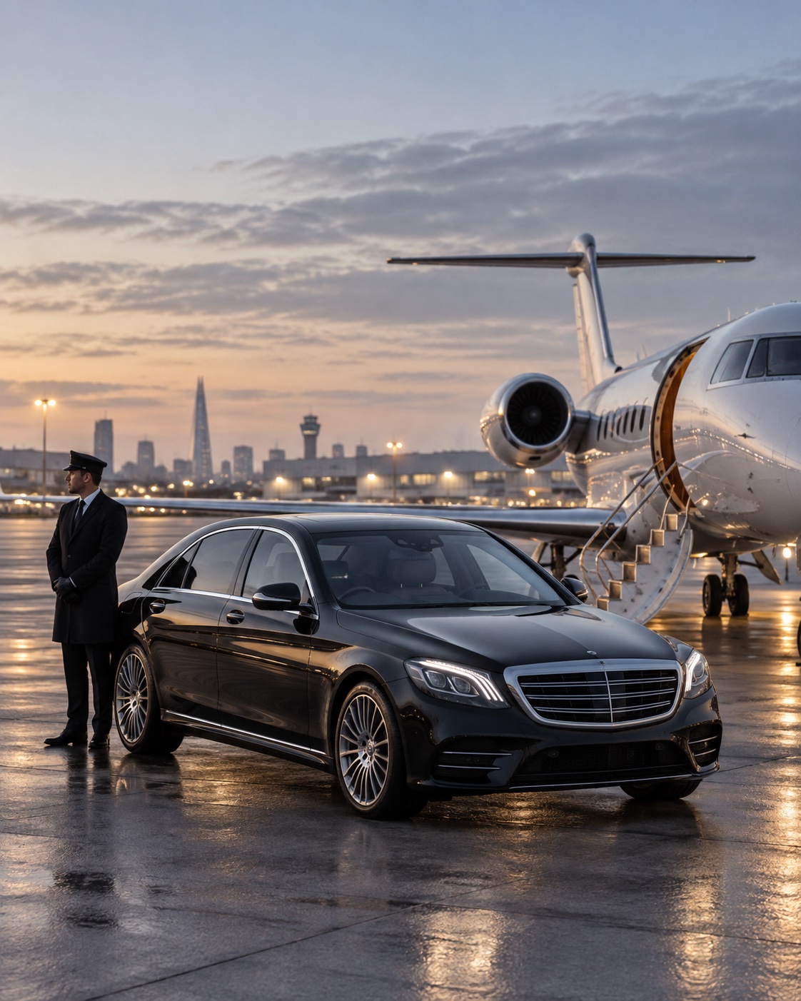 Halcolux chauffeur beside a private aircraft